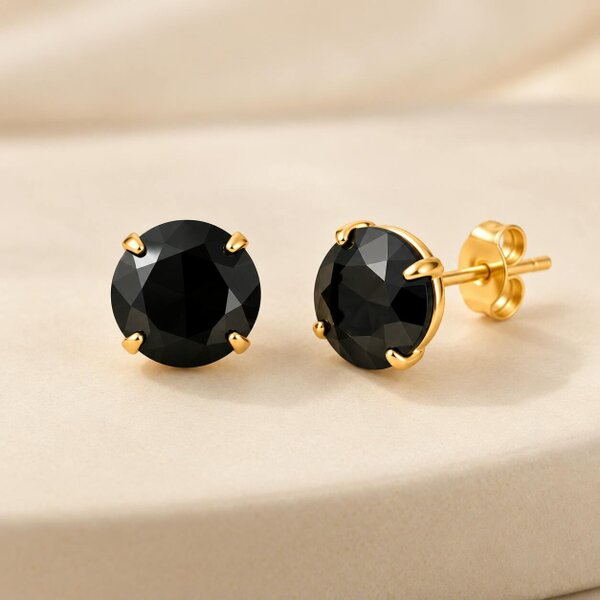 The Colourful Aura Gold Plated Round Coloured Stone Stud Earrings Blue Red Green Yellow Black - Black