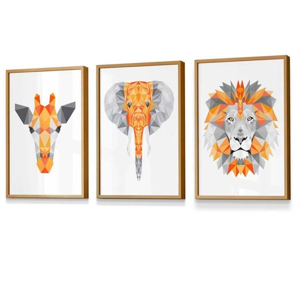 Artze Wall Art Framed Geometric set of 3 ORANGE Giraffe Lion Elephant