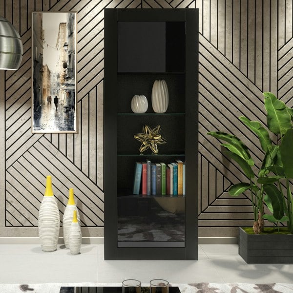 Mex Furniture Modern Display Cabinet 170cm – Black Body & Black Gloss Doors