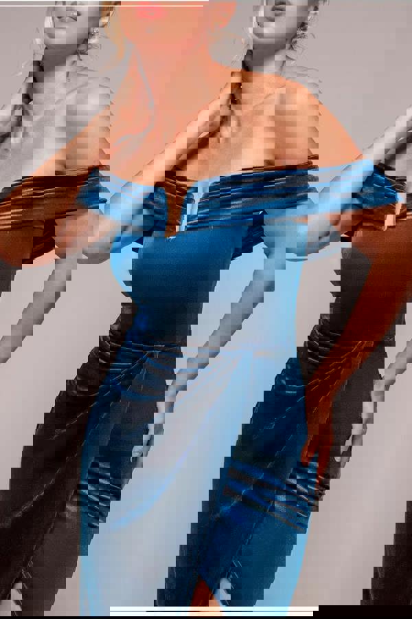 Off The Shoulder Front Split Velvet Maxi Dress - Teal DR4318