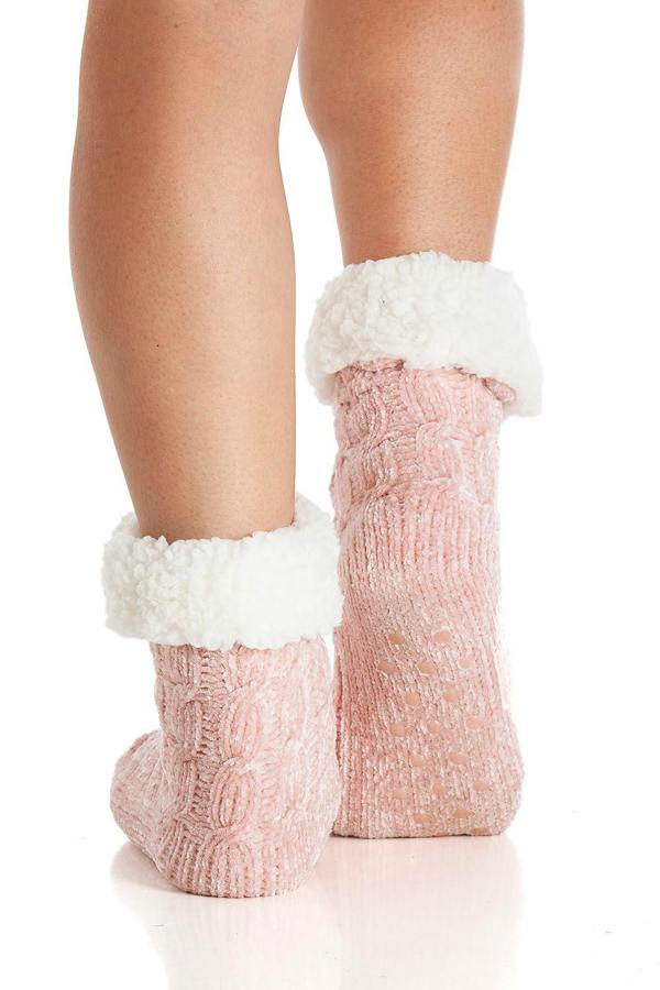 Ladies Chenille Cable Plain Slipper Sock