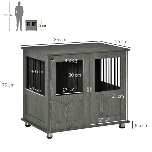 Grey dog crate table, 85 x 55 x 75 cm, double-door front with magnetic latch