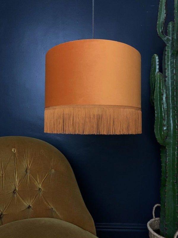 Rust Velvet Lampshade With Gold Lining And Fringing