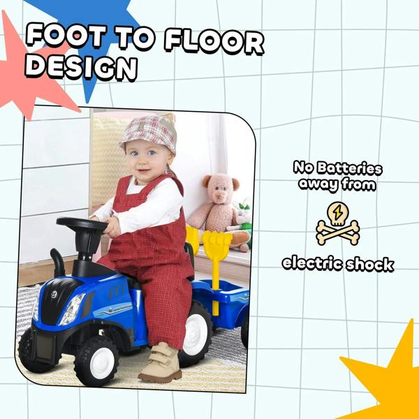 Blue toddler ride-on tractor walker with foot-to-floor pedals and yellow horn