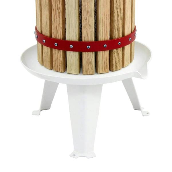 KuKoo fruit press featuring a sturdy wooden barrel with a red metal band, supported by a white plastic base for stability
