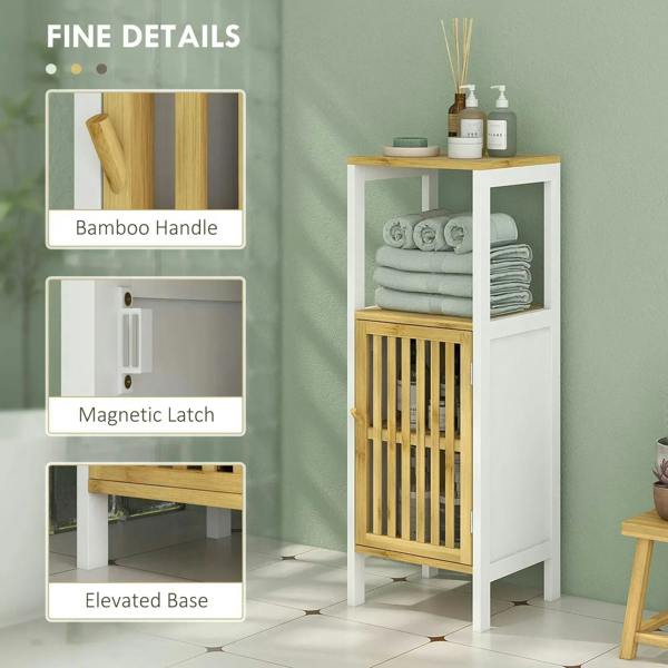 Bathroom storage cabinet with bamboo handle, magnetic latch, and slatted door