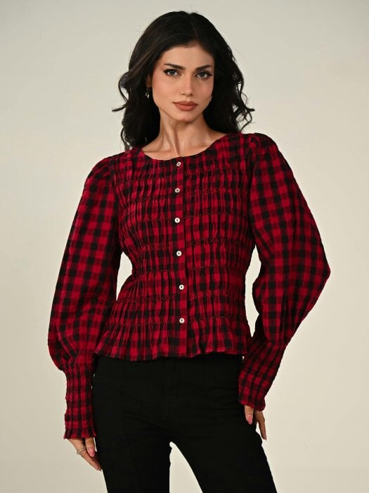 Rose & Nancy Mary Red Cotton Check Smocked Shirt