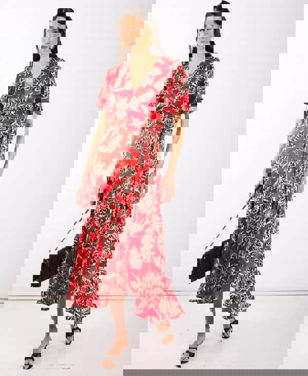 Red Floral Wrap Midi Dress