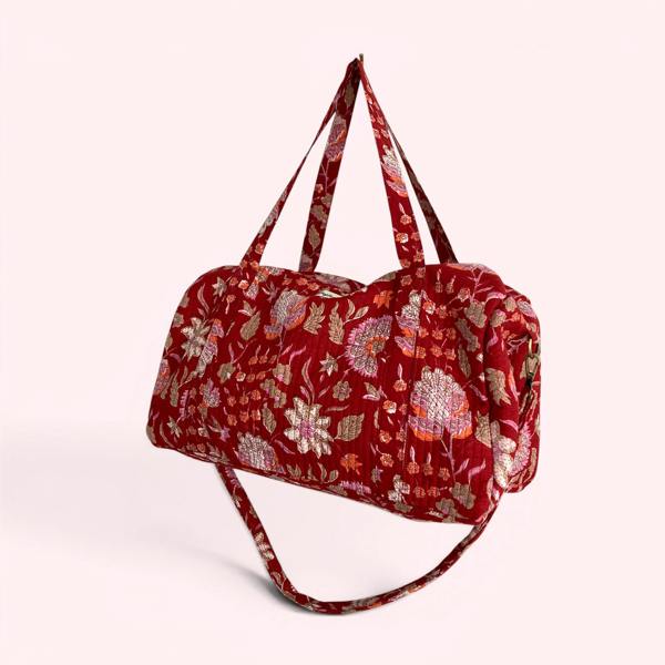Hayley & Co Weekend Duffle Bag | Red Block Print Floral with Long Strap
