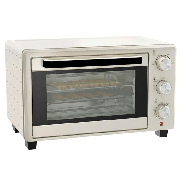 Cream mini countertop oven with glass door and front control knobs