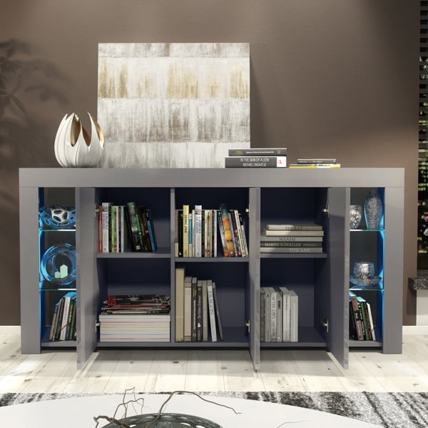 Mex Furniture Exclusive 164cm Cabinet Cupboard Sideboard TV Unit High Gloss Grey Doors & Free LED