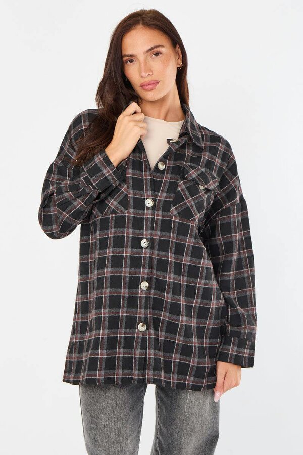 Elaina Fashion Oversized Checkered Shirt - Black
