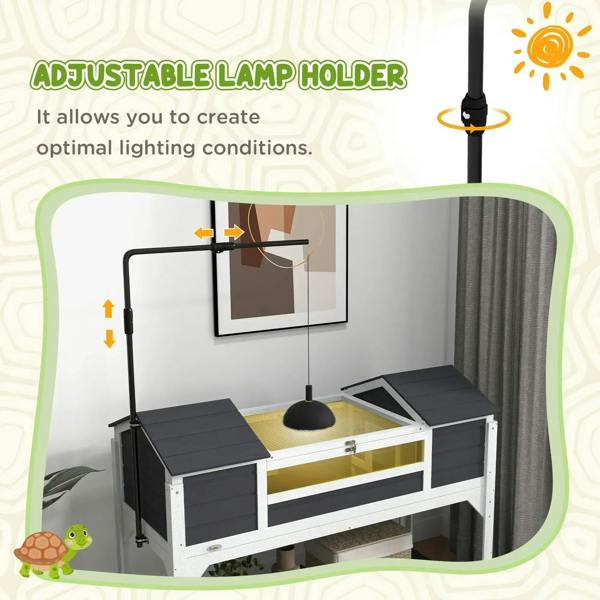 Grey wooden tortoise enclosure with adjustable lamp holder over the basking area