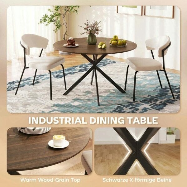 Dining Table for 4, 120 cm Industrial Kitchen Table with Wood Effect Tabletop and Steel Legs, Brown
