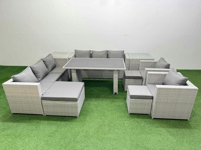 Fimous 11 Seater Wicker PE Rattan Furniture Outdoor Dining Table 3 Seater Sofa Armchair Set with 2 Side Tables 3 Stools Light Grey
