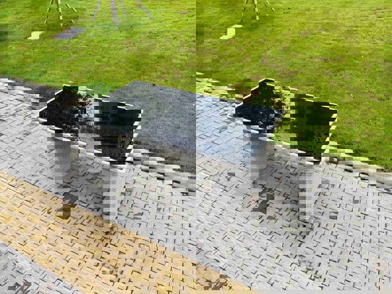 Fimous Light Grey Rattan Outdoor Garden furniture Set Black Tempered Glass Dining Table and 6 Chairs Set with Seat Cushion