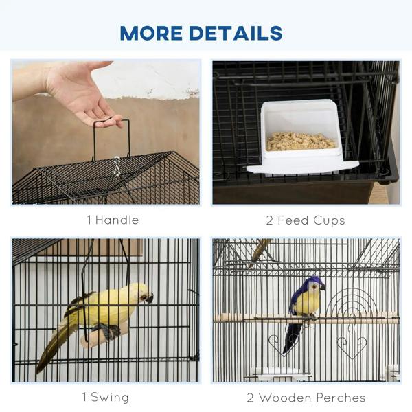 Black birdcage details: handle, feed cups, plastic swing, and wooden perches