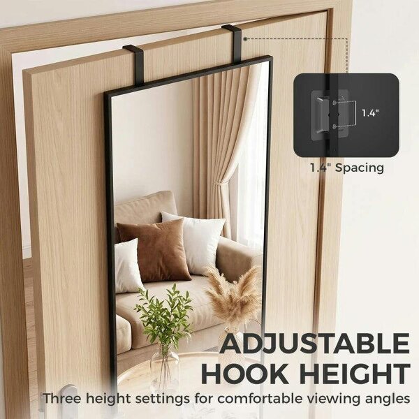 40 x 110 cm Full Length Wall Mirror, Rectangular Mirror with Adjustable Hooks, Over the Door or Wall Mounted, Black