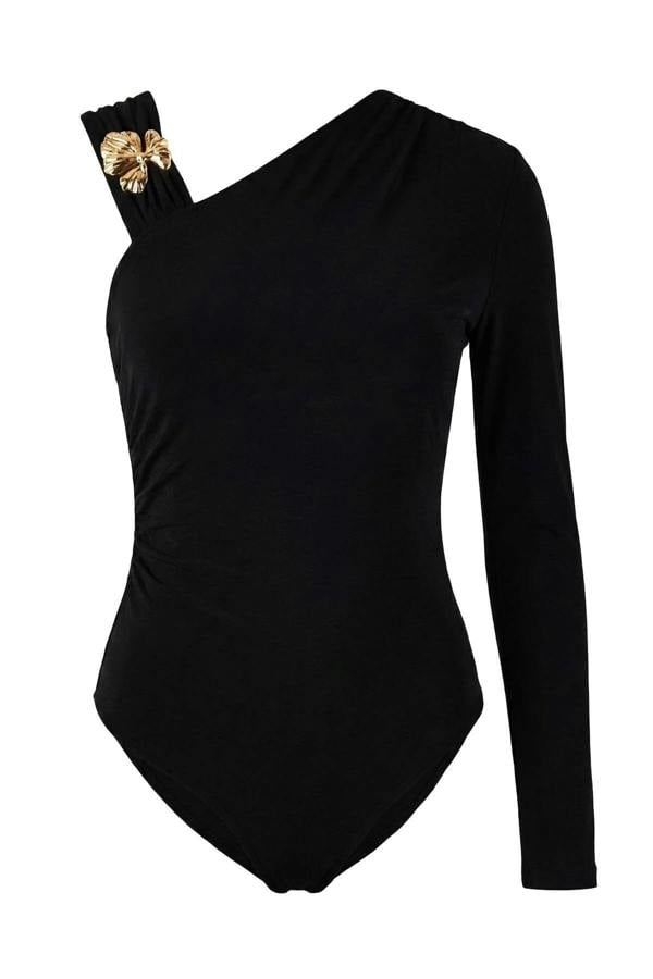 WOVCOR Asymmetrical Neckline Knit Party Bodysuit with Accessory Details