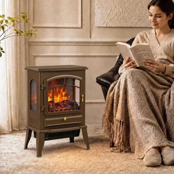 Electric Fireplace Stove, 1000/2000W 3-Sided Freestanding Fireplace Heater with 3D Flame Log, Thermostat, Brown