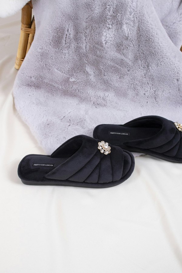Faye women's slider slippers in raven combining brushed microfibre materials and a glimmering crystal brooch from Pretty You London