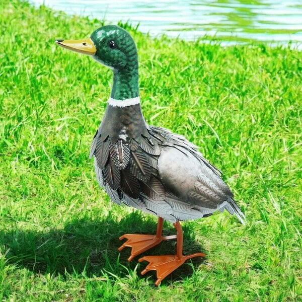 EDH Door Hardware Metal Farmyard Male Duck (38.5cm x 15.5cm x 30cm) – Handcrafted Rustic Duck Garden Ornament – Weather-Resistant Metal Duck Statue