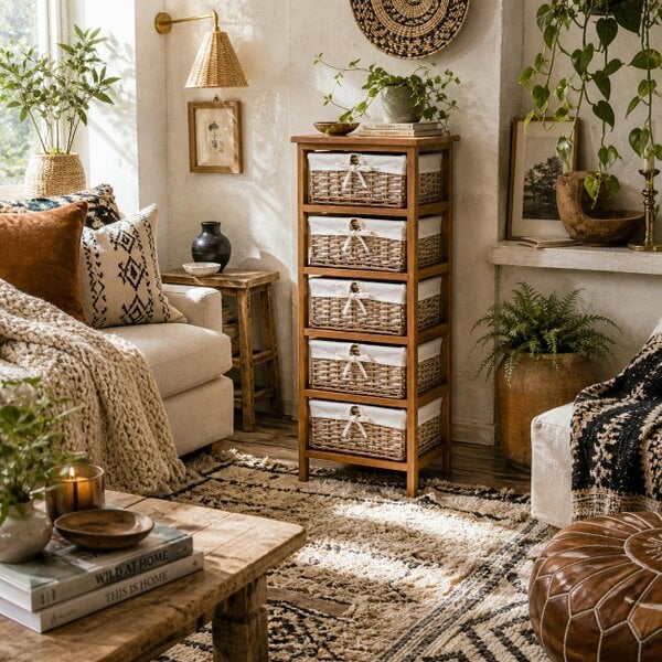 Wyld Haus Yorila Wood Natural Finish 5 Drawer Dresser With Wicker Baskets
