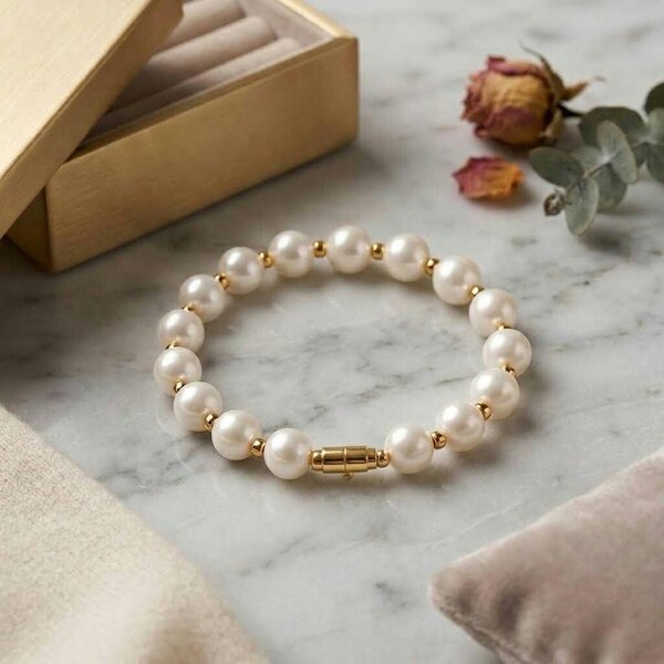 The Colourful Aura 12mm White Pearl Beaded Bracelet with Gold Screw Lock Clasp