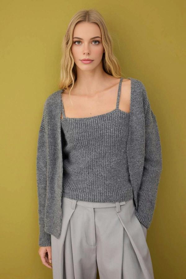 WOVCOR 2-Piece Knit Soft-Textured Blouse-Cardigan Set