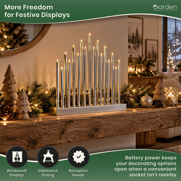 17-Light Silver Metallic Christmas Candle Bridge with LED Lights, Battery Operated Window Decoration, Timer Function, No Assembly