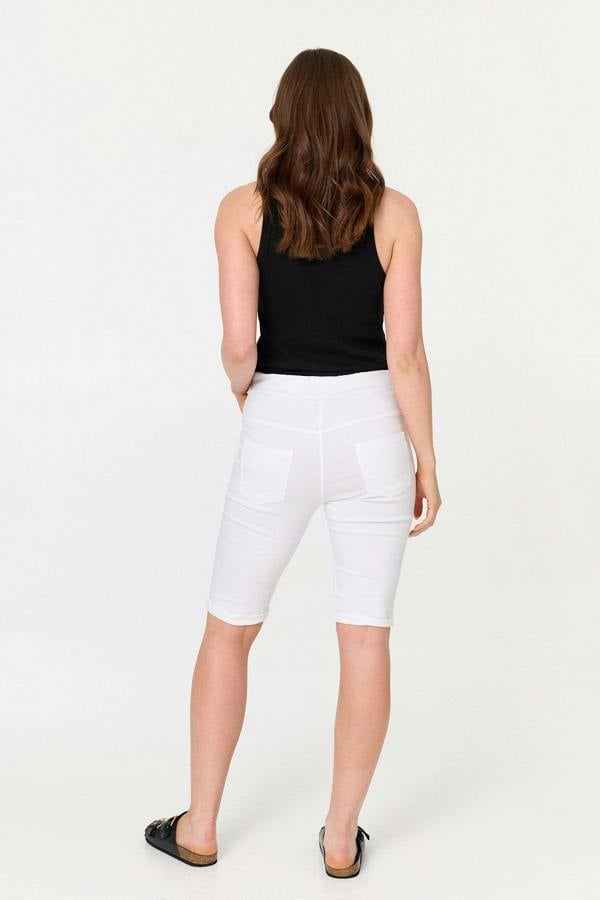 White | Tie Front Slim Knee Length Shorts
