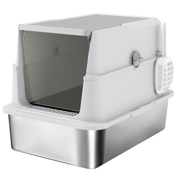 Extra-large cat litter tray with flip-top, attached scoop, light gray base