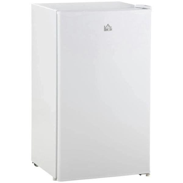White under-counter mini fridge with front door and handle, standing on adjustable legs.