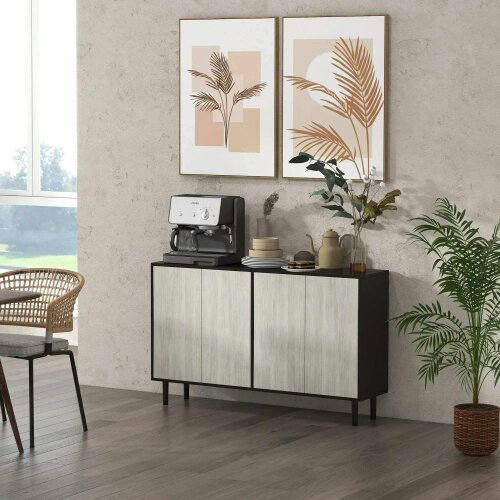Bobobiy Kitchen Sideboard Storage Cabinet for Living Room with Adjustable Shelves 4 Doors and Pine Wood Legs Black