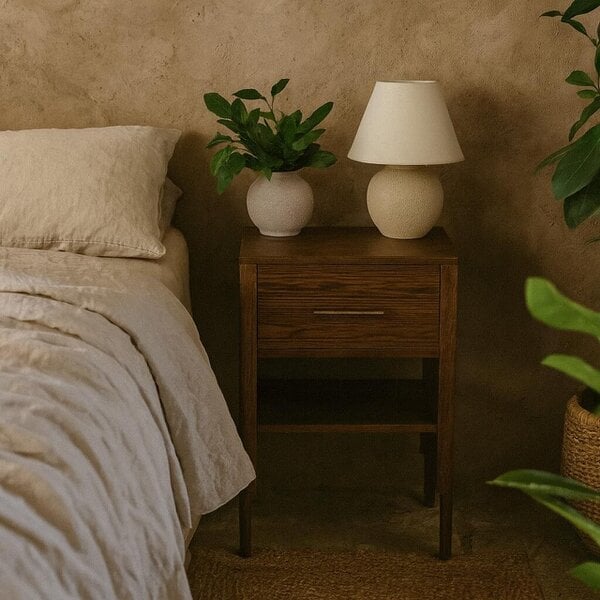 Wyld Haus Ouro Preto Walnut Wood Grain One Drawer Bedside Table