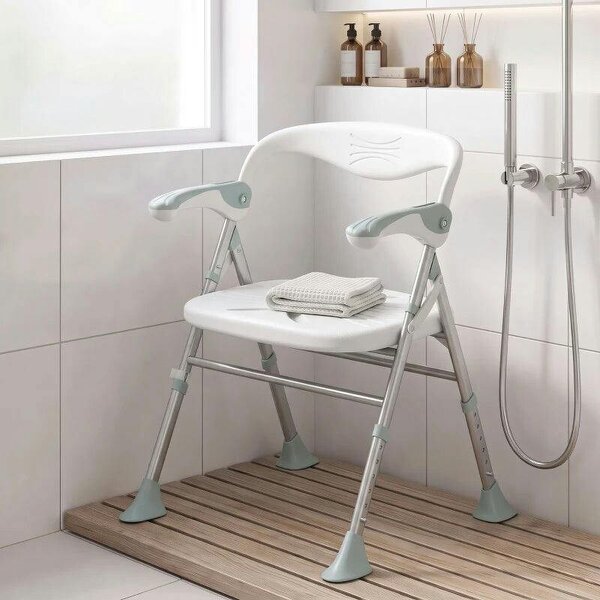 Foldable Shower Chair with Flip-Up Armrests, Shower Stool with Adjustable Height, Tool-Free Assembly, 136 kg - White