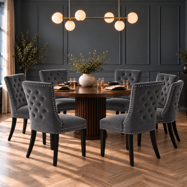 Neo Direct Neo Set of Six Dark Grey Studded Velvet Dining Table Chair with Ring Knocker Detail