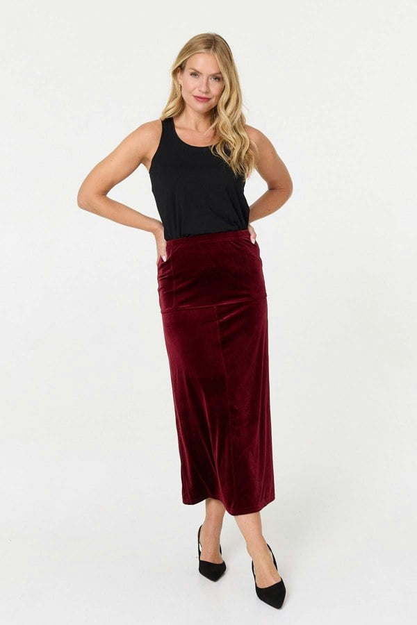 Red | Velour Texture High Waist Midi Skirt
