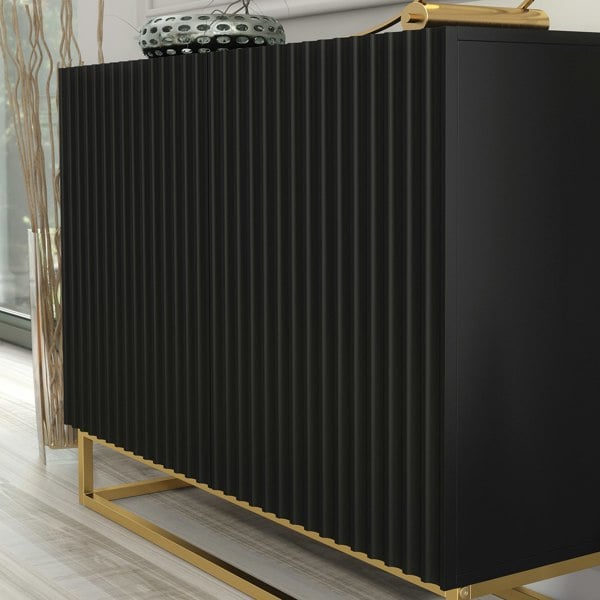 Mex Furniture Graceful Black Sideboard with Fluted Fronts & Gold Legs – 100cm Storage Unit