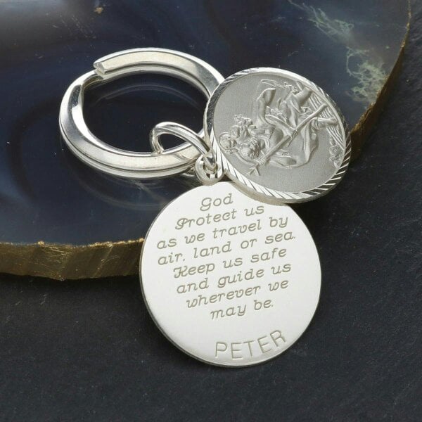 Christopher James of London Sterling Silver Personalised Round St Christopher Keyring With Travellers Prayer