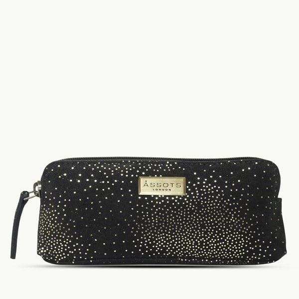 Assots London 'EMILY' Small Black & Yellow Gold Sparkle Leather MakeUp Bag