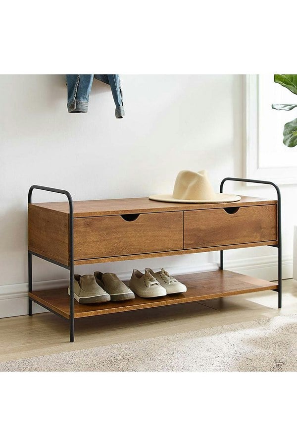 Living and Home Modern 2-Drawer Metal and Wood Entry Bench Shoes Storage Shelf