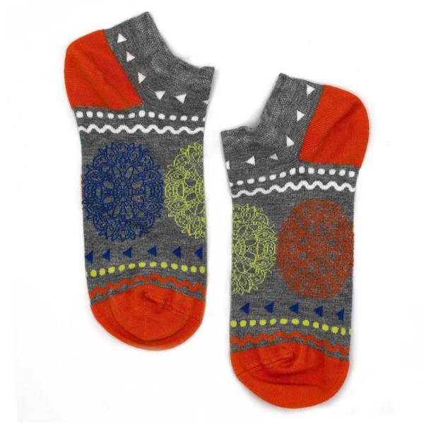 Pair of low-cut bamboo socks, dark gray with orange toes and red/blue/green floral mandala pattern