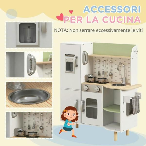White kids play kitchen set with ice maker, phone, stove, sink, and accessory details