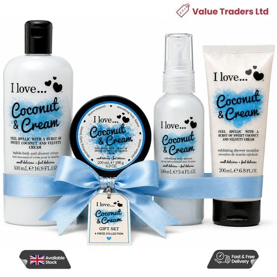 I Love Coconut & Cream Pamper Gift Set 4 Piece Bath & Body Collection - Vegan