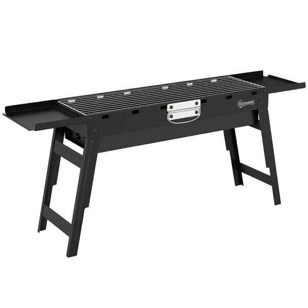 Bobobiy Portable BBQ Grill, Foldable Charcoal Grill for Camping and Picnics with 2 Side Shelves and Handle, Black