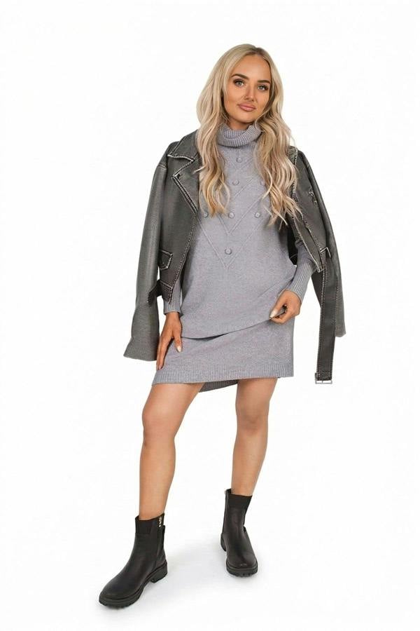 Ivanya High Neck Long Sleeve Knitted Jumper Dress With Bobble Detail - Grey_wb