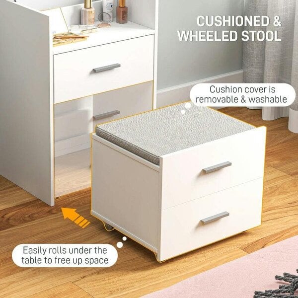 Vanity Desk with Mirror, Modern Dressing Table and Stool w/2 Drawers, Wheels, Flip-Up Mirror, Shelf, White
