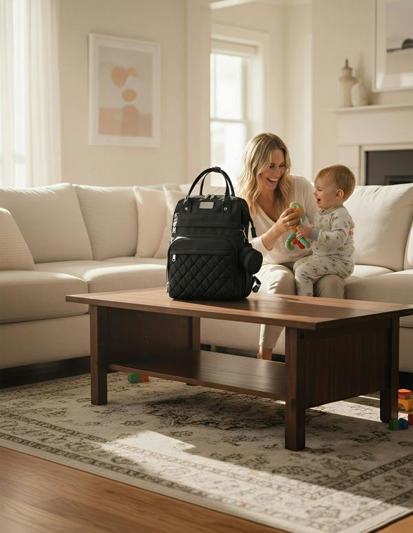 Anysort Black Mommy Diaper Bag With Changing Pad Maternity Backpack for Moms