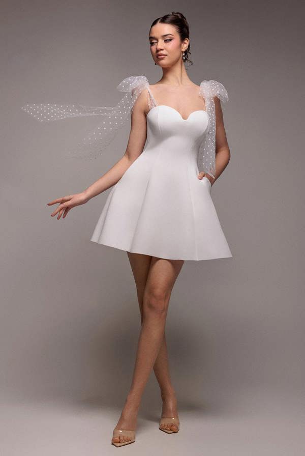 Scuba & Polka Mesh Bella Bow Multiway Skater Mini Dress - White DR4887